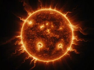 Wall Mural - This is a dramatic and vibrant illustration of the sun, depicted with intense fiery energy and solar flares against a dark background. 