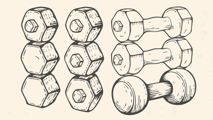 Illustration showing stacked hexagonal nuts and dumbbells in a repeating pattern on a light background
