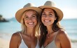 © liang - Two Woman Smiling on Beach in Hat. High quality