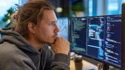 Man with hair in a bun looking at computer screens displaying code in a bright office