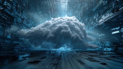 Cloud Data and Computing: A digital cloud formation floats in a futuristic environment, its ethereal presence accentuated by a cool.