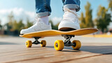 Skateboarder balancing on skateboard with yellow wheels in urban park setting