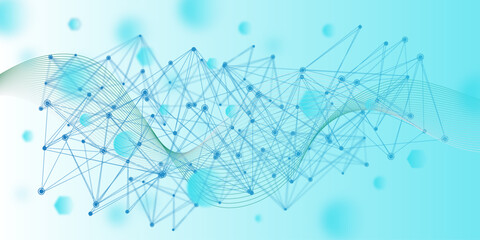 A web of blue geometric connections and nodes blends with smooth wave lines, illustrating the harmony of digital communication, blockchain technology, 