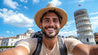Traveler smiling with straw hat in front of iconic leaning tower under blue sky
