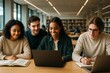 © Pixels Hunter - Group of diverse college students smiling and studying together with laptops and books in a modern library with bright light background. Ai generative