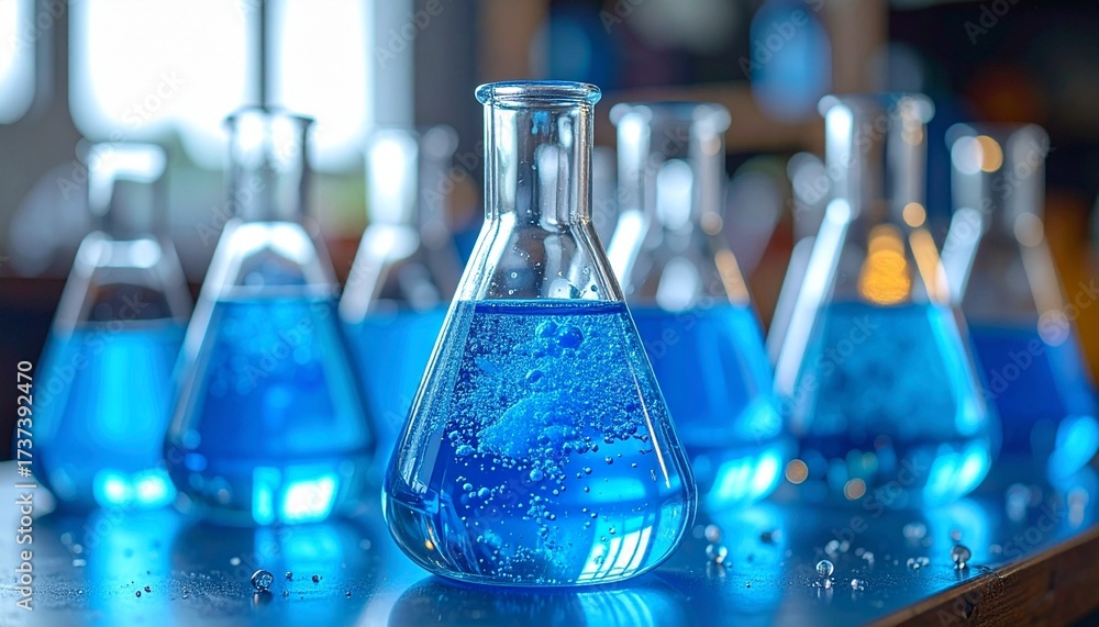 Erlenmeyer flasks with vibrant blue liquid and bubbles on reflective ...