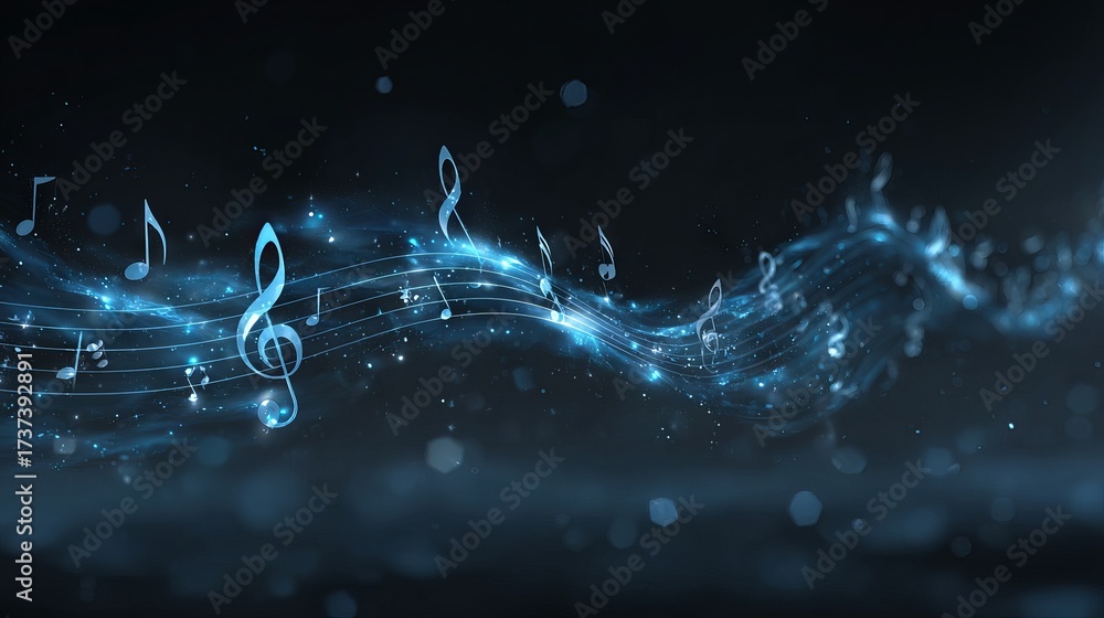 Dark blue abstract background with floating music notes and soft bokeh ...