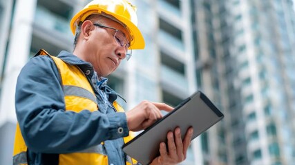 Engineer in hardhat using tablet in construction site to monitor project progress during daytime in a busy urban area