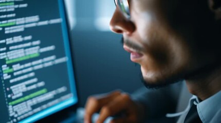 Code in the Digital Realm: A focused individual immersed in the intricacies of code, illuminated by the soft glow of a digital screen, a vivid portrayal of the information age.