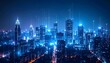 © Wijit - Vast night city skyline with skyscrapers immersed in a futuristic blue glow. Abstract digital lines and data points rise from the buildings, symbolizing technology, AI, connectivity, Big Data