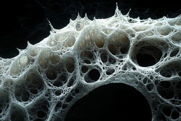 Wall Mural - Stunning intricate white organic network structure with delicate fibers and countless holes on a dark abstract background perfect for science and tech