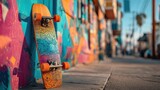 A colorful skateboard with orange wheels leans against a vibrant graffiti-covered wall on a sunny urban street.