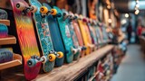 A row of colorful skateboards displayed on wooden shelves in a shop, showcasing various designs and wheels with a blurred background.