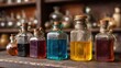 © Alex - Colorful Glass Vials Filled With Mysterious Liquids on a Wooden Shelf