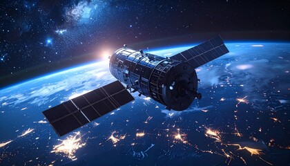 Wall Mural - An abstract 3D illustration of a satellite in space communicating with a dish on Earth against a dark blue night sky of stars