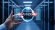 © Shayful Islam GFX - Data migration concept a hand holding a transparent screen displaying the process of transferring data between two servers in a modern data center environment