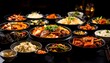 © ke - Assorted bowls of Asian dishes on dark table dimly