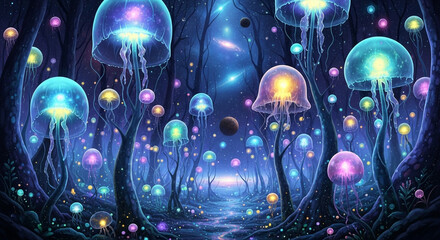 Glowing jellyfish forest fantasy artwork ethereal bioluminescent dreamscape magical nature scene wallpaper