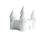 A pristine white castle miniature with conical towers and arched entry
