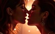 © Karen - Two women kissing each other's lips with light playing. Generative AI. High quality