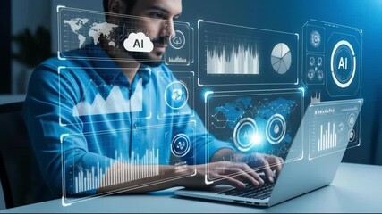 Man working on laptop with futuristic ai interface displaying data analytics, charts, and world map, representing technology and innovation