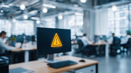 Urgent computer warning signal modern office digital alert display bright environment close-up view cybersecurity awareness