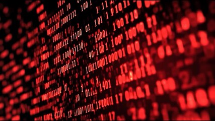 A close-up view of a digital display featuring binary code in red tones, symbolizing data, technology, and computer science.