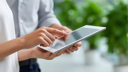 People collaborating on a digital tablet, hands using touch screen technology for business communication, modern office teamwork and online data sharing