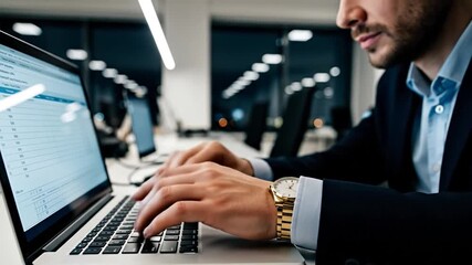 Hands swiftly typing, close-up moving camera, business laptop, office productivity