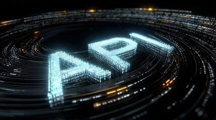 Digital representation of API with glowing binary code swirling in a dark background