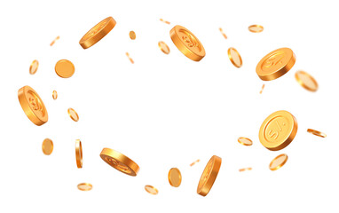 Wall Mural - 3d set flying golden Peru Nuevo Sol coins with different angles. Stock vector illustration on isolated background.