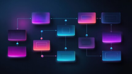 Flowchart design illustrating a complex process with colorful elements on a dark background during nighttime