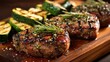 © Tombol - Three grilled steaks, seasoned and glistening, rest on a wooden board alongside grilled zucchini slices; rosemary sprig as garnish