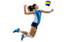 © SPORT CENTER - Female volleyball player jumping to hit the ball, wearing blue and white uniform with knee pads, isolated on white background, perfect for sports and athletic visuals