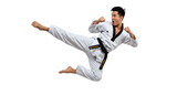 Male martial artist performing a high flying kick in traditional white taekwondo uniform with black belt, isolated on black, perfect for sports and martial arts themes