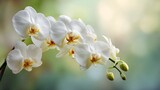 Elegant display of white orchid blossoms with delicate yellow centers and buds, captured against a soft, blurred background, showcasing a tranquil, natural aesthetic, exuding peace and serenity 