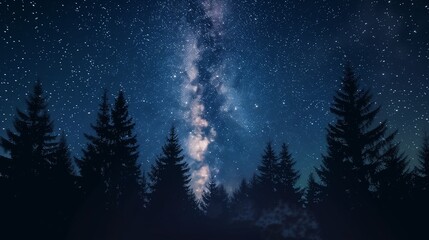 Wall Mural - Realistic forest view under clear starry night sky, Milky Way visible, silhouette of trees, astrophotography style landscape.