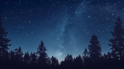 Wall Mural - Realistic forest view under clear starry night sky, Milky Way visible, silhouette of trees, astrophotography style landscape.