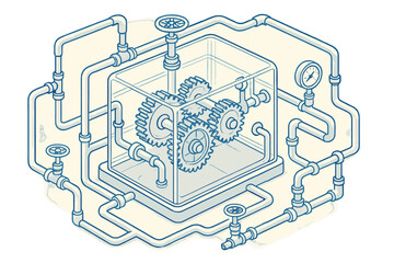 Illustration machine gears layout transparent inner connected showing logical vector pipes valves