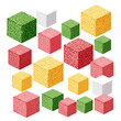 © Rafiya1727 - A collection of colorful sugar dusted gummy cubes arranged in a playful pattern on a white background.