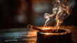 © MdAl - Close-up of a lit cigarette resting in an ashtray, glowing ember with smoke curling upward, warm firelight illuminating a dark, moody room, high detail