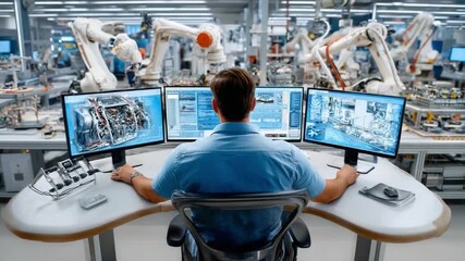 Engineer at the Helm: A skilled engineer meticulously monitors an intricate network of robotic arms within a technologically advanced factory. With unwavering focus.