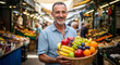 © Felippe Lopes - Smiling man holds a basket filled with various fruits at an outdoor market presenting a healthy and fresh selection