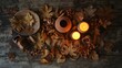 © eman - Warm Candlelight Illuminates a Flatlay Composition of Cozy Autumn Decor