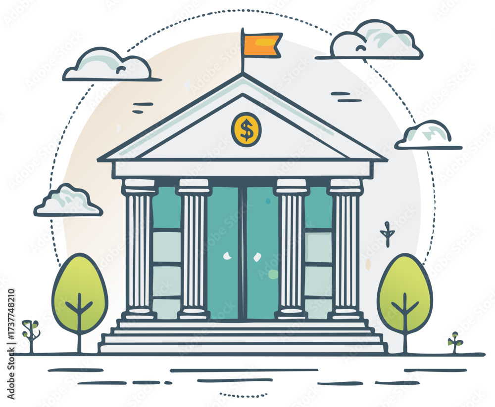 Bank building illustration with a dollar sign symbol for finance ...