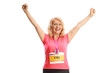 © Ljupco Smokovski - Happy female marathon runner with a race bib and a medal