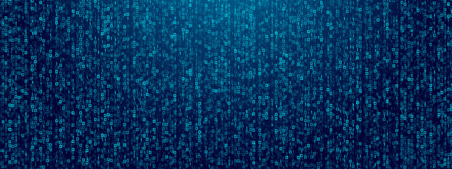 Binary code background. Binary rain concept. Software Programming code bg. Technology blue web banner with matrix effect. Abstract digital Data Cyber security. Vector illustration. 