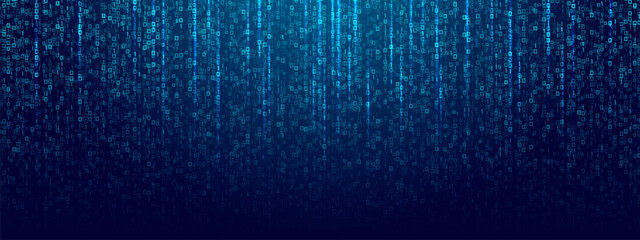 Binary code rain background in blue. Abstract matrix effect with flowing numbers 0 and 1. Futuristic tech, data stream, cyber security, computer software and digital system design.