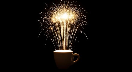 Fireworks exploding from a coffee cup against a dark background creating a festive mood