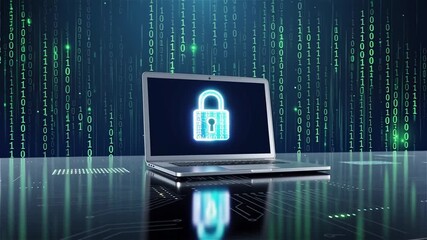 Laptop with digital padlock displays data security concept. Dark background with green binary code enhances tech feel. Concept of cybersecurity, data protection, technology firms